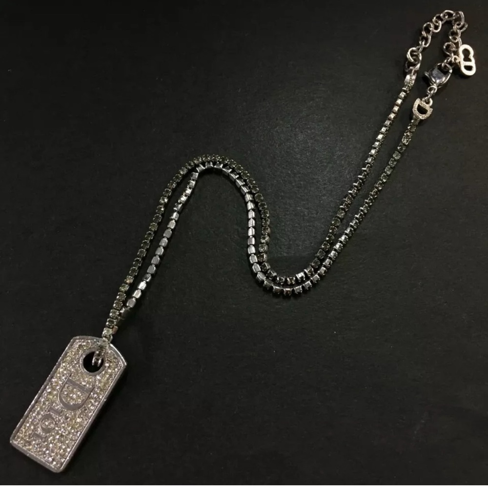Authentic Christian Dior Logo Plate Rhinestone Silver Tone Pendant Necklace